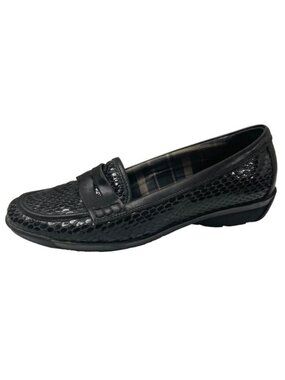 Aquatalia Penny Black Penny Loafers Leather Flats Snakeskin Embossed Size 6